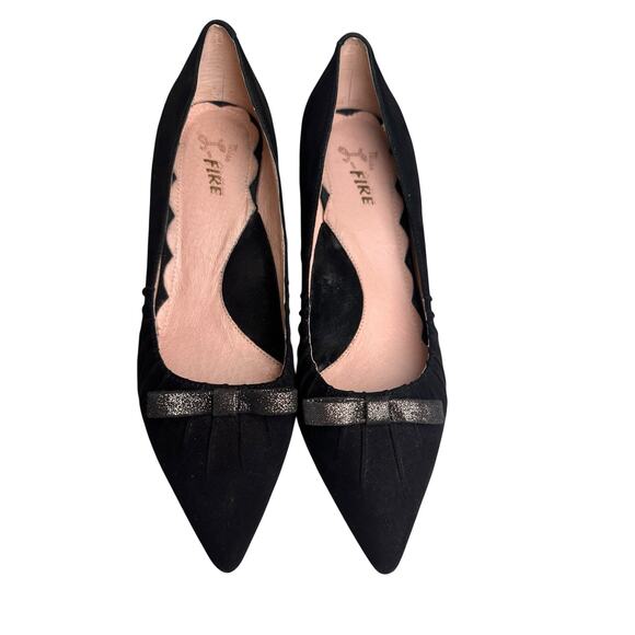 Miss L Fire Marilyn Pointed Toe Black Suede Kitten Heel 1950s Sz 40 Retro Bow EC - Picture 13 of 16